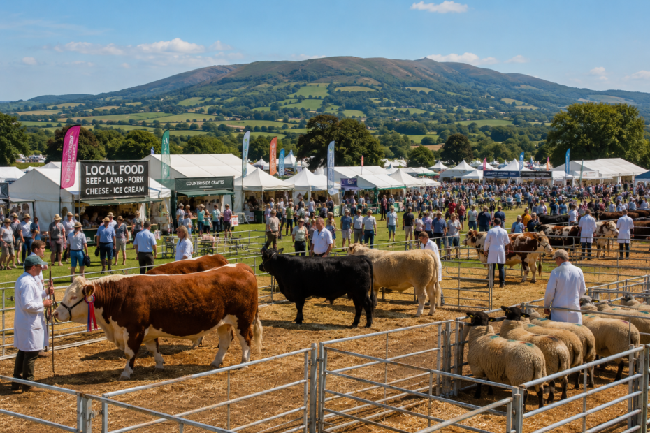 Illustrative agricultural show scene with livestock judging, exhibition tents and visitors, representing the atmosphere of the Three Counties Show near Malvern.